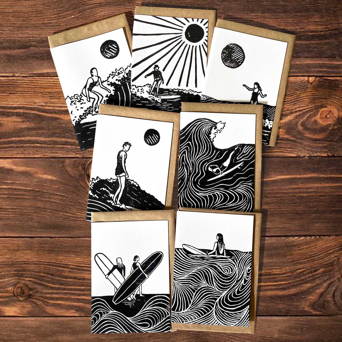 Surfer Lino Art Greeting Card Set of 7