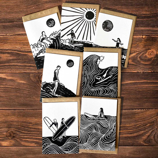 Surfer Lino Art Greeting Card Set of 7