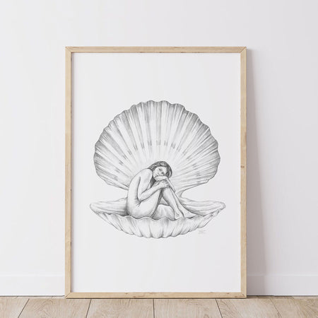 Graphite art print of a woman resting inside a giant clam shell, drawn by Emily Wright