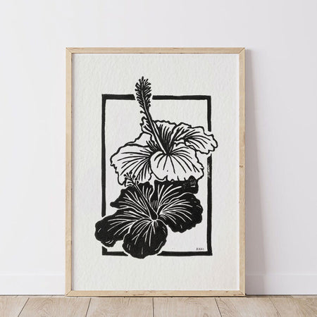 Framed black and white hibiscus floral artwork