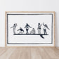 Framed lino print artwork with black line drawings of 6 women surfing together on one board, celebrating the sense of support and community from women in the water.