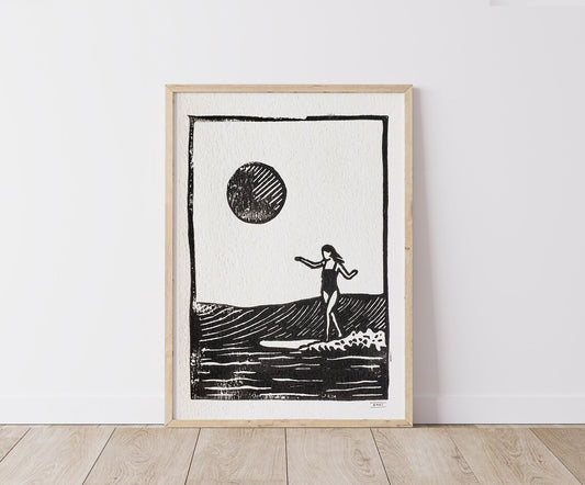 Surf Girl III - Lino Block Print