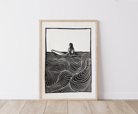 Surf Girl II - Waiting for Waves - Lino Block Print