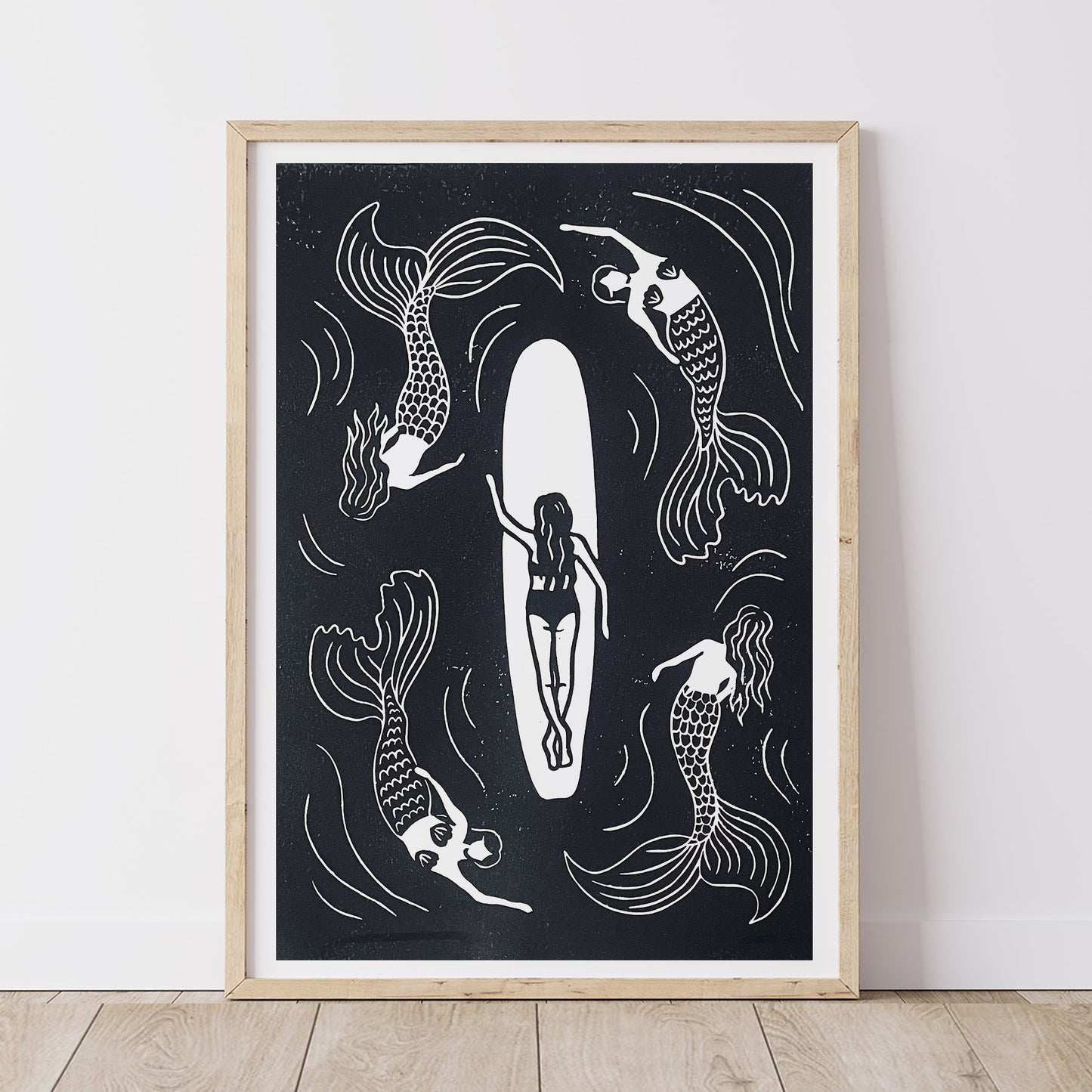 Mermaid Waters Lino Print | Coastal Surf Art