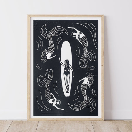 Mermaid Waters Lino Print | Coastal Surf Art