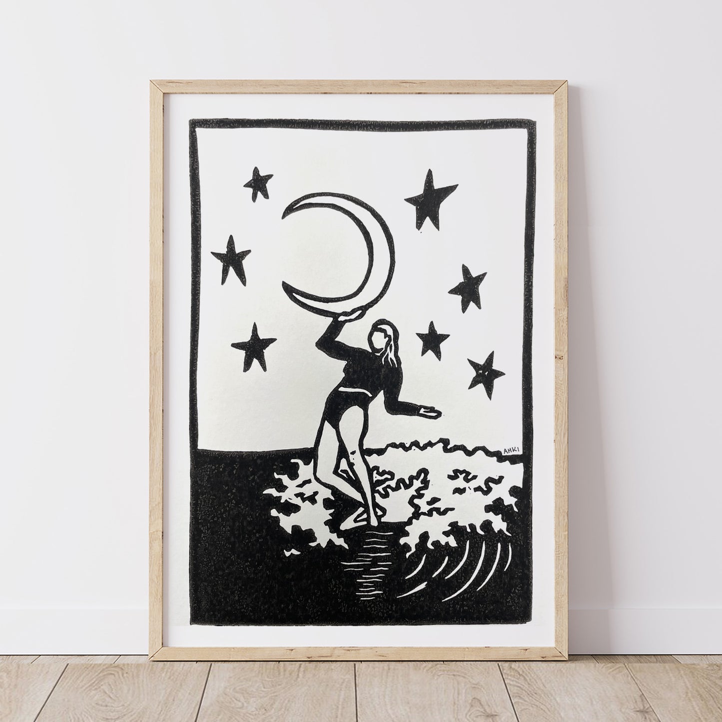 Moon Soul Surfer | Lino Print | Surfer Girl Art