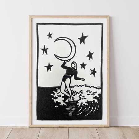 Moon Soul Surfer | Lino Print | Surfer Girl Art