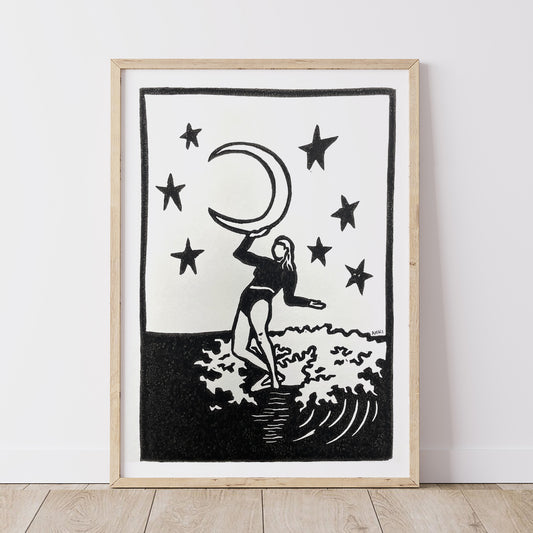 Moon Soul Surfer | Lino Print | Surfer Girl Art