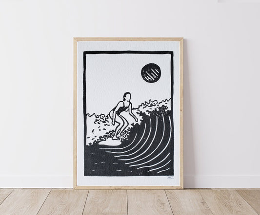 Surf Girl 4 - Lino Block Print