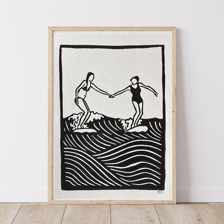 Framed black and white illustration of two people catching a party wave against a white wall.