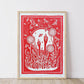 Growing Garden Red Lino Block Print