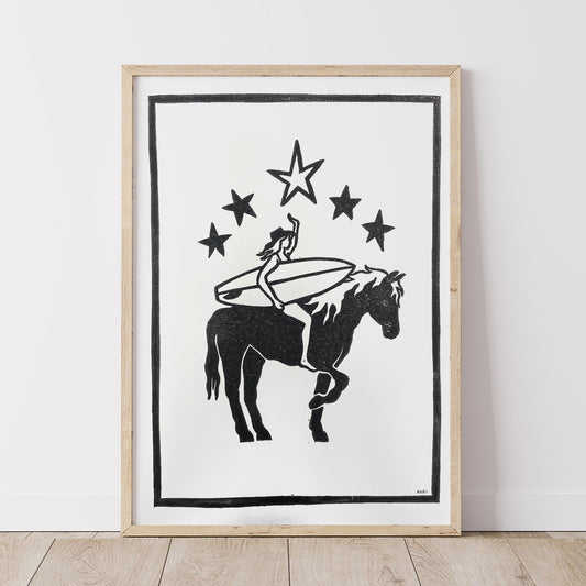 Surfer Cowgirl | Lino Print | Surf Girl Art