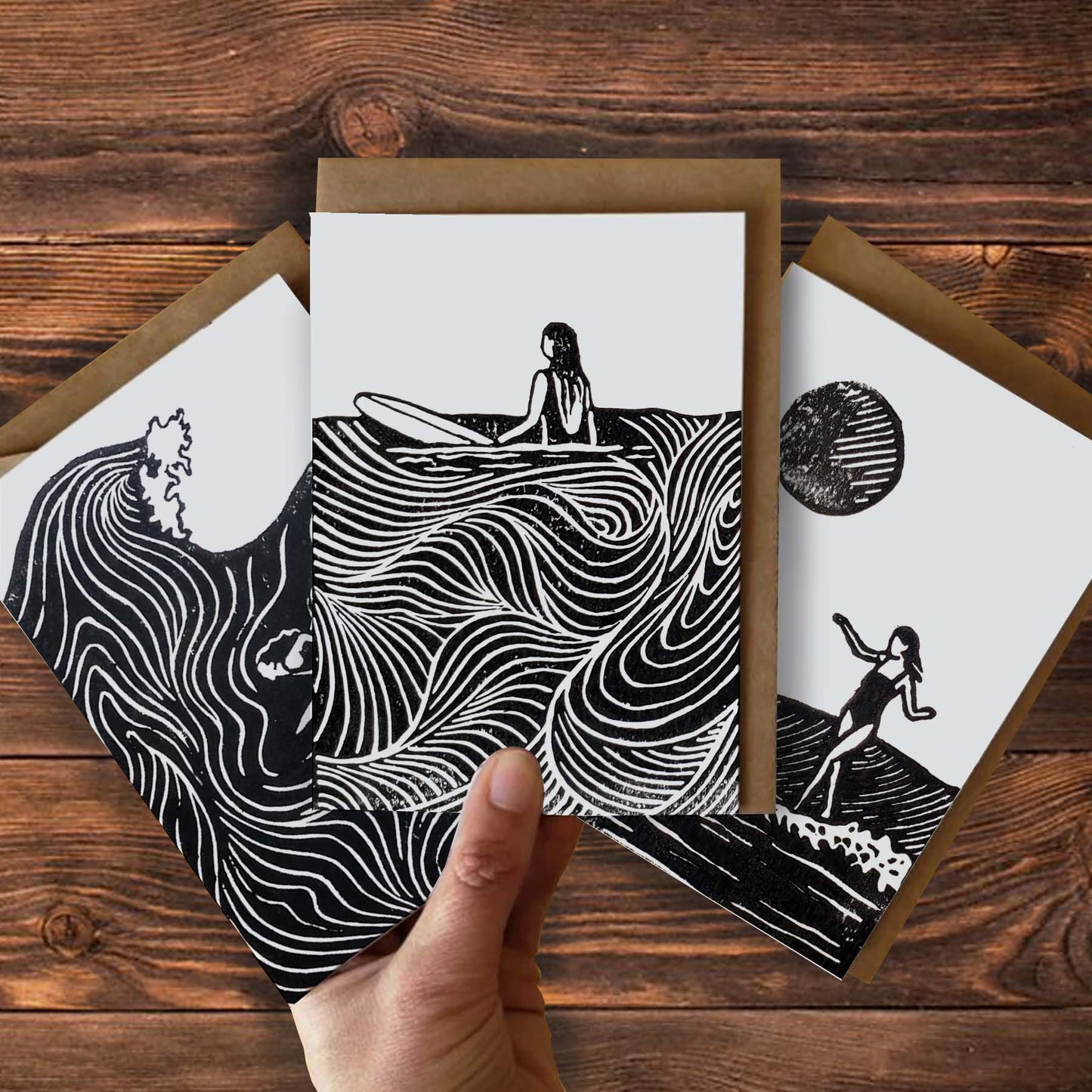 Surfer Lino Art Greeting Cards