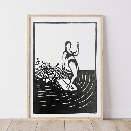She surfs seashells | Lino Print | Coastal Surf Art