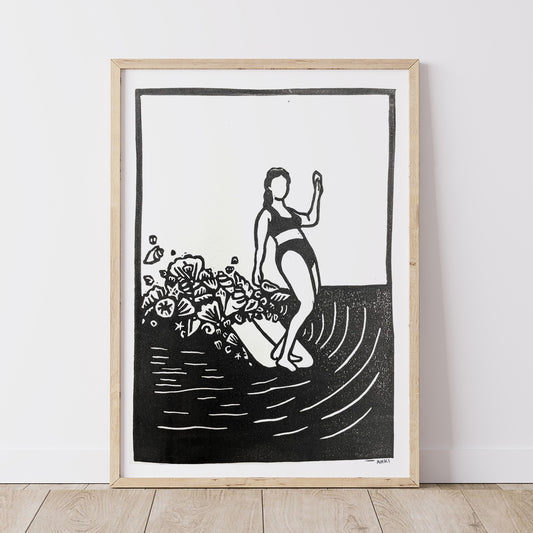 She surfs seashells | Lino Print | Coastal Surf Art