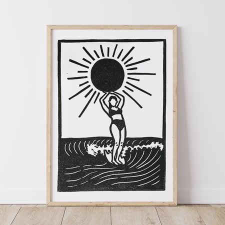 Sun Soul Surfer Lino Print | Surf Art | Coastal Wall Art