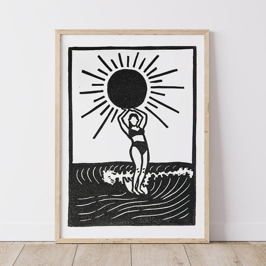Sun Soul Surfer Lino Print | Surf Art | Coastal Wall Art