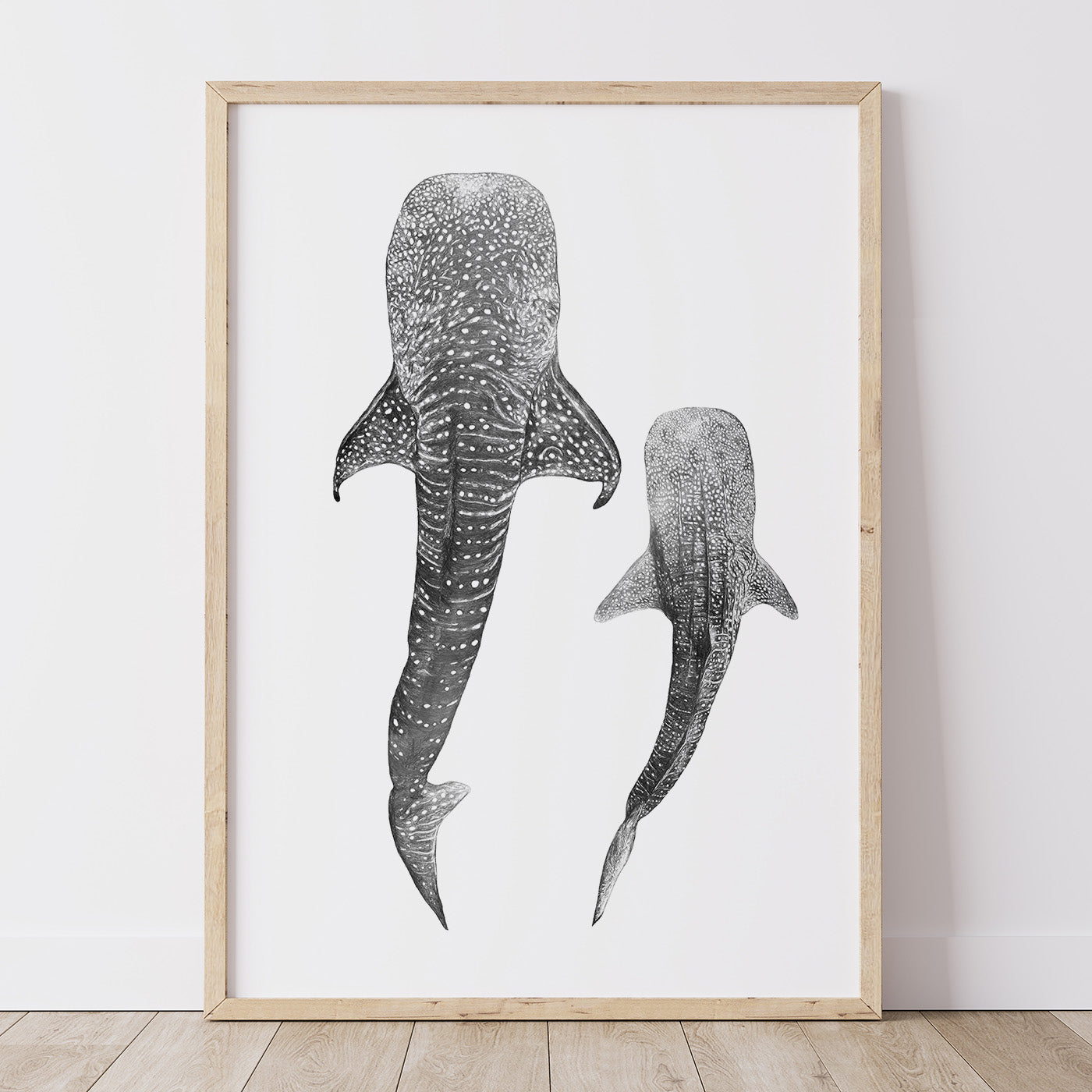 Whale Shark Print featuring two whale sharks swimming together in monochrome graphite artwork.