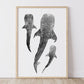 Whale Shark Print featuring three whale sharks gliding through the ocean in monochrome graphite artwork