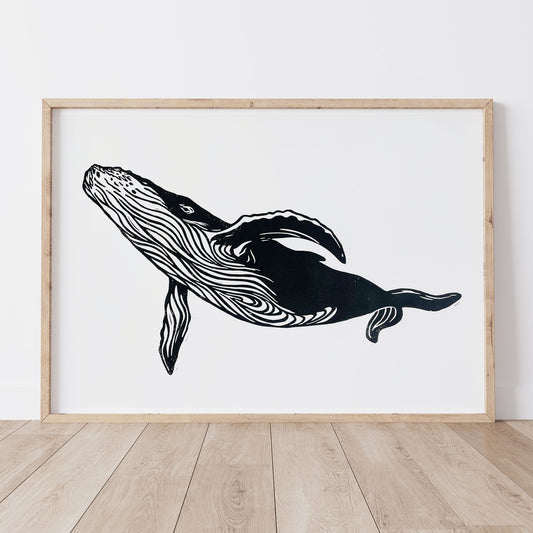 Whale Lino Print | Coastal Surf Art | A2 Size