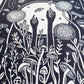 Growing Garden Navy Blue Lino Block Print
