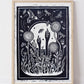 Growing Garden Navy Blue Lino Block Print