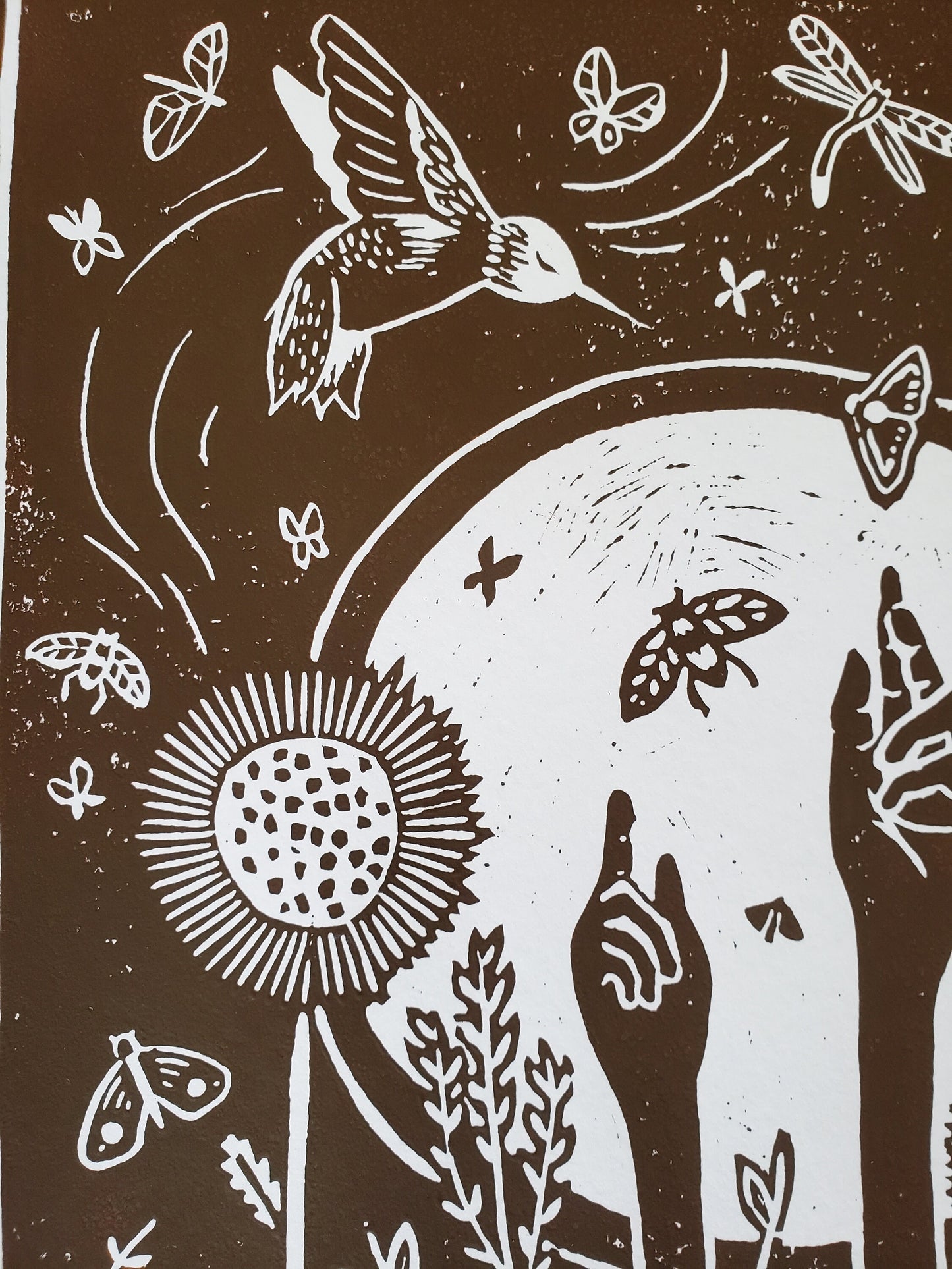 Growing Garden Brown Lino Block Print