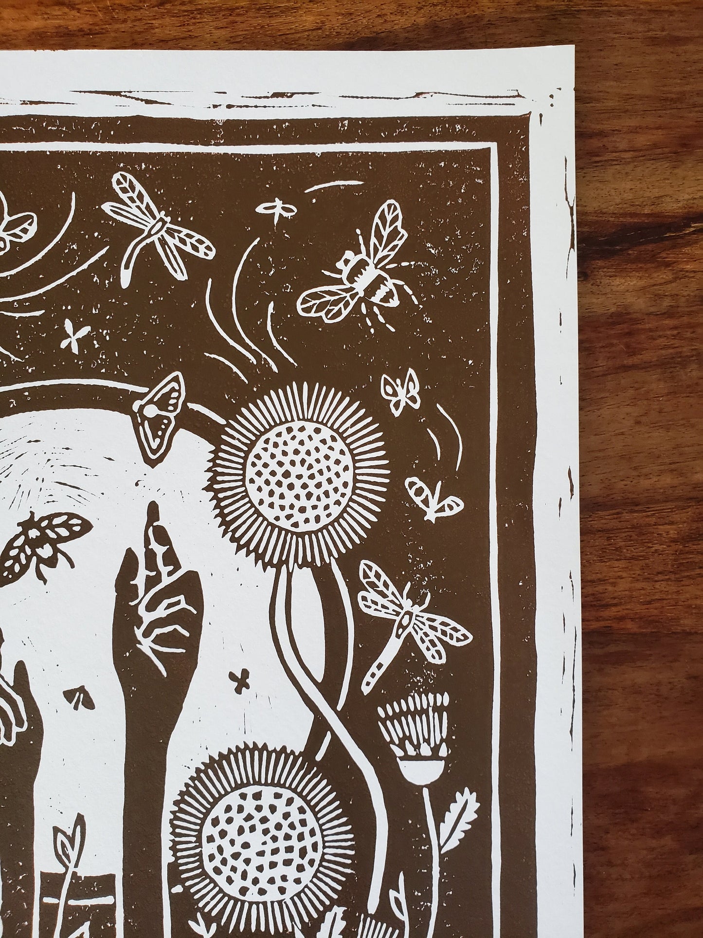 Growing Garden Brown Lino Block Print