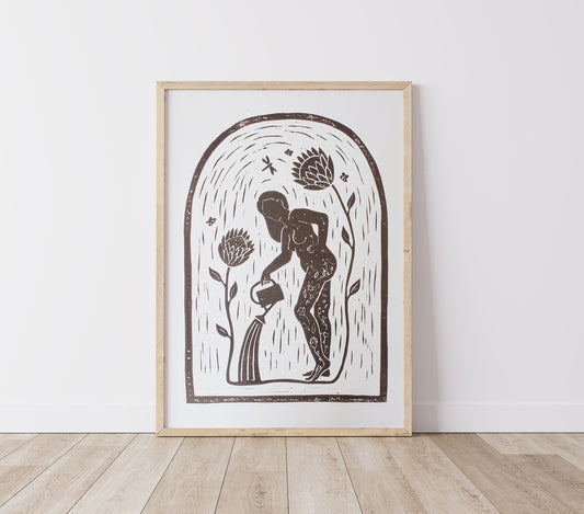 Garden Lady Lino Print Brown