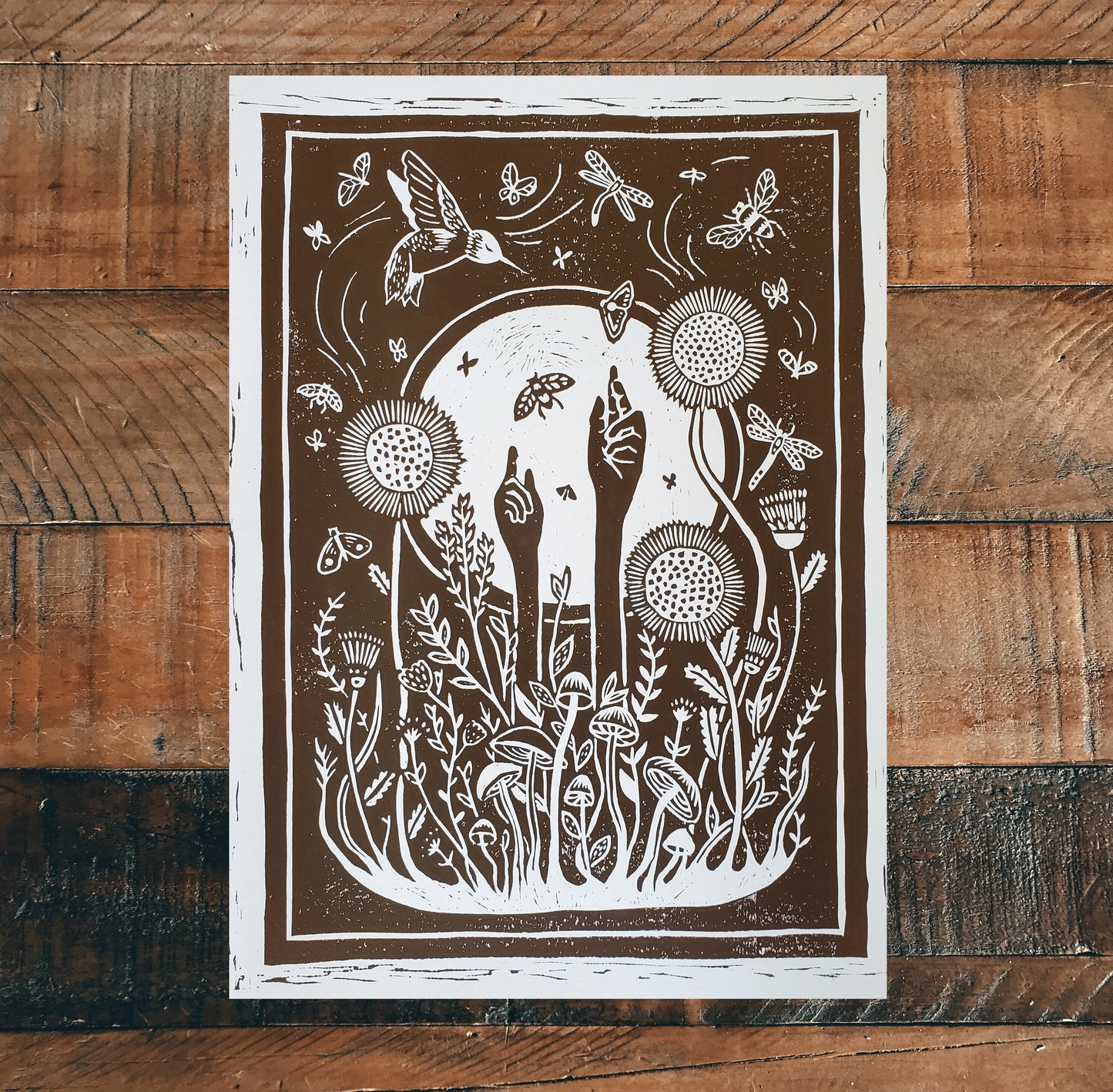 Growing Garden Brown Lino Block Print