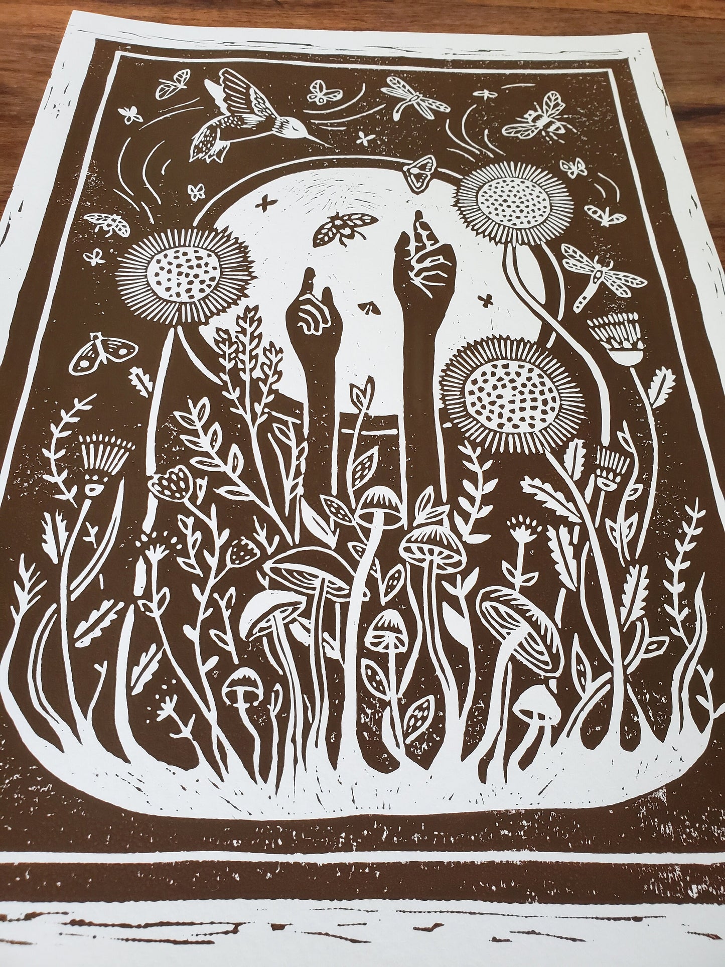 Growing Garden Brown Lino Block Print