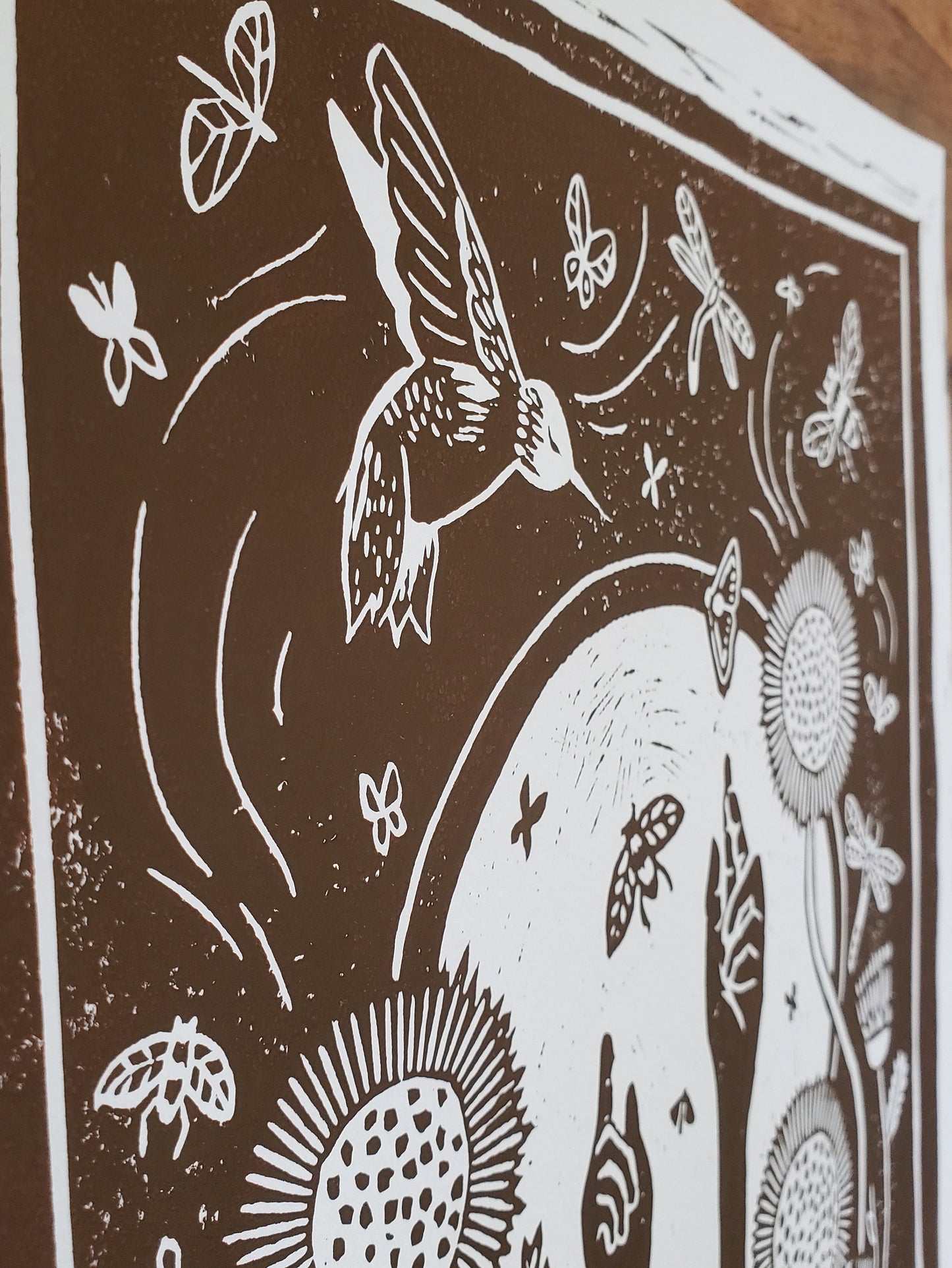 Growing Garden Brown Lino Block Print