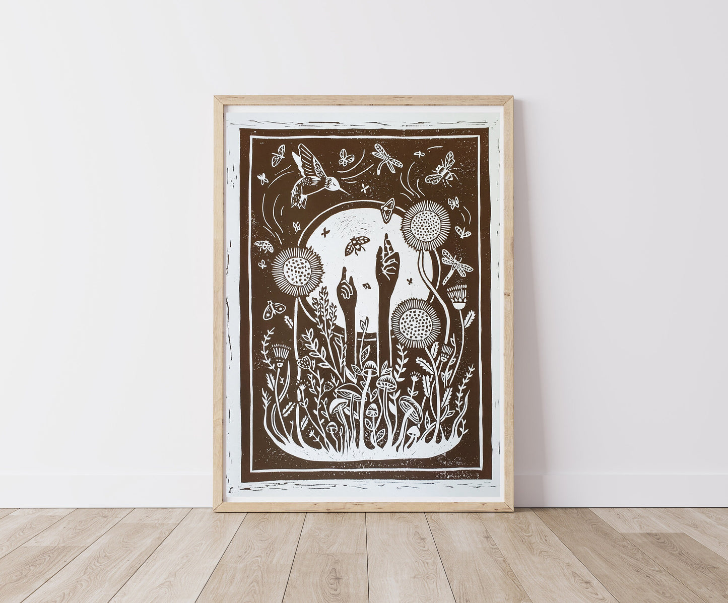 Growing Garden Brown Lino Block Print