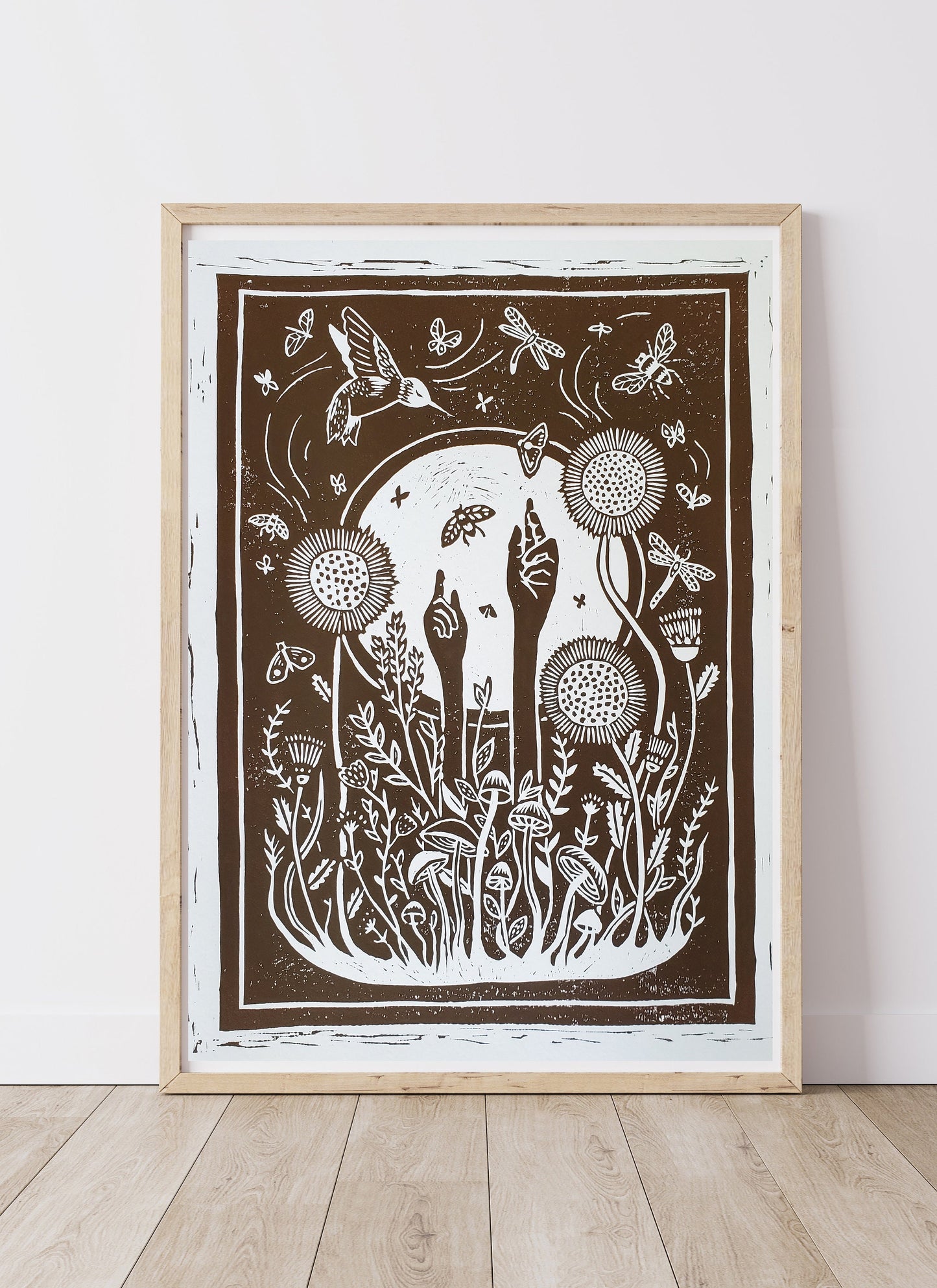 Growing Garden Brown Lino Block Print